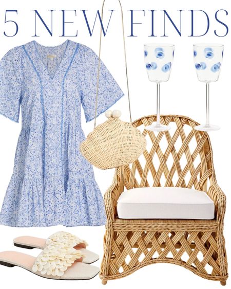 5 new finds! blue and white summer dress, classic wine glasses, dressy sandals, woven chair, rattan chair, beach trip, beach outfit, beach style, island style, coastal style, grandmillennial style, coastal grand, woven bag, shell bag, summer style, preppy style

#LTKStyleTip #LTKSeasonal #LTKHome