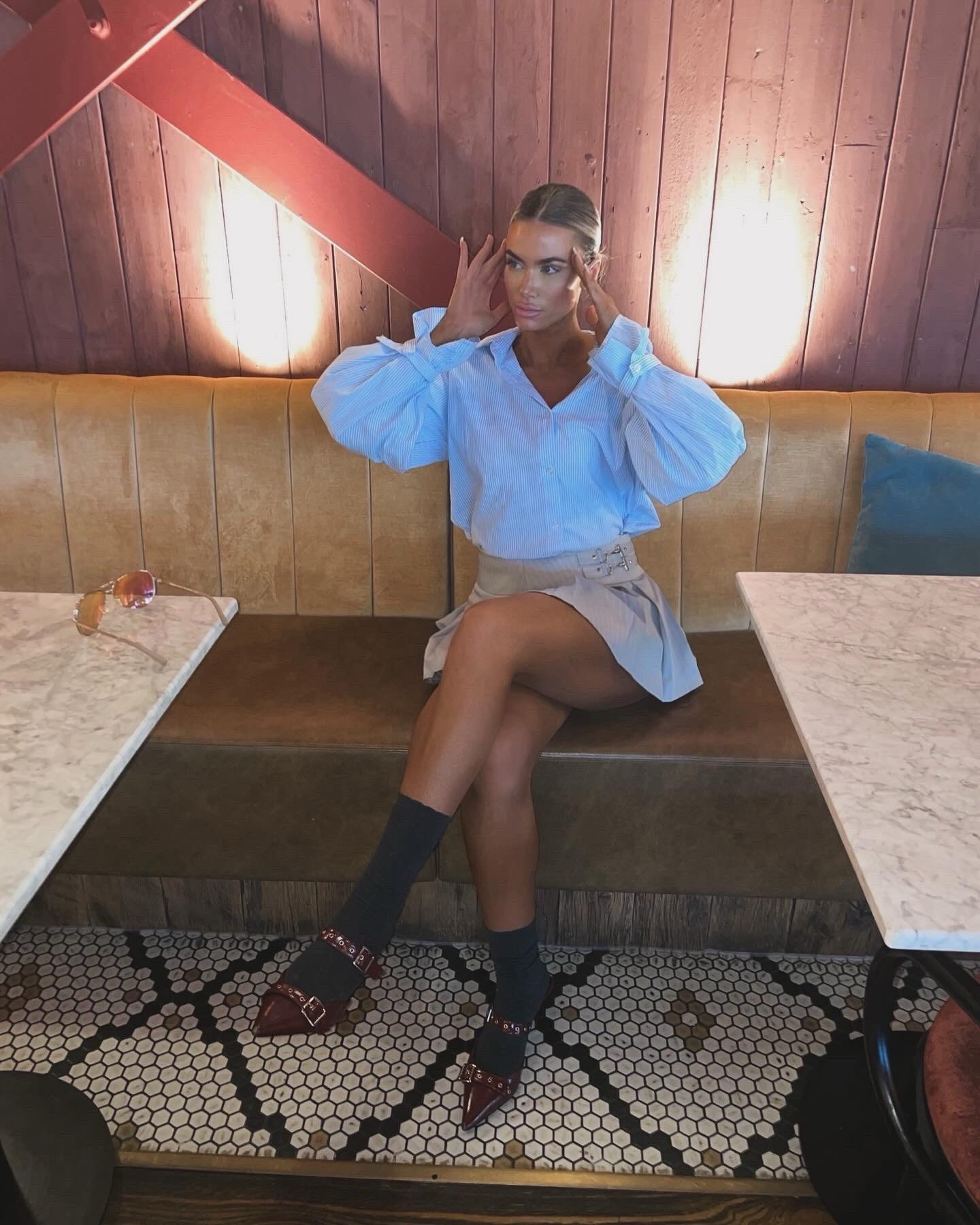 Cute blue shirt and grey skirt combo, with burgundy pointed heels  

#LTKworkwear #LTKshoes #LTKuk