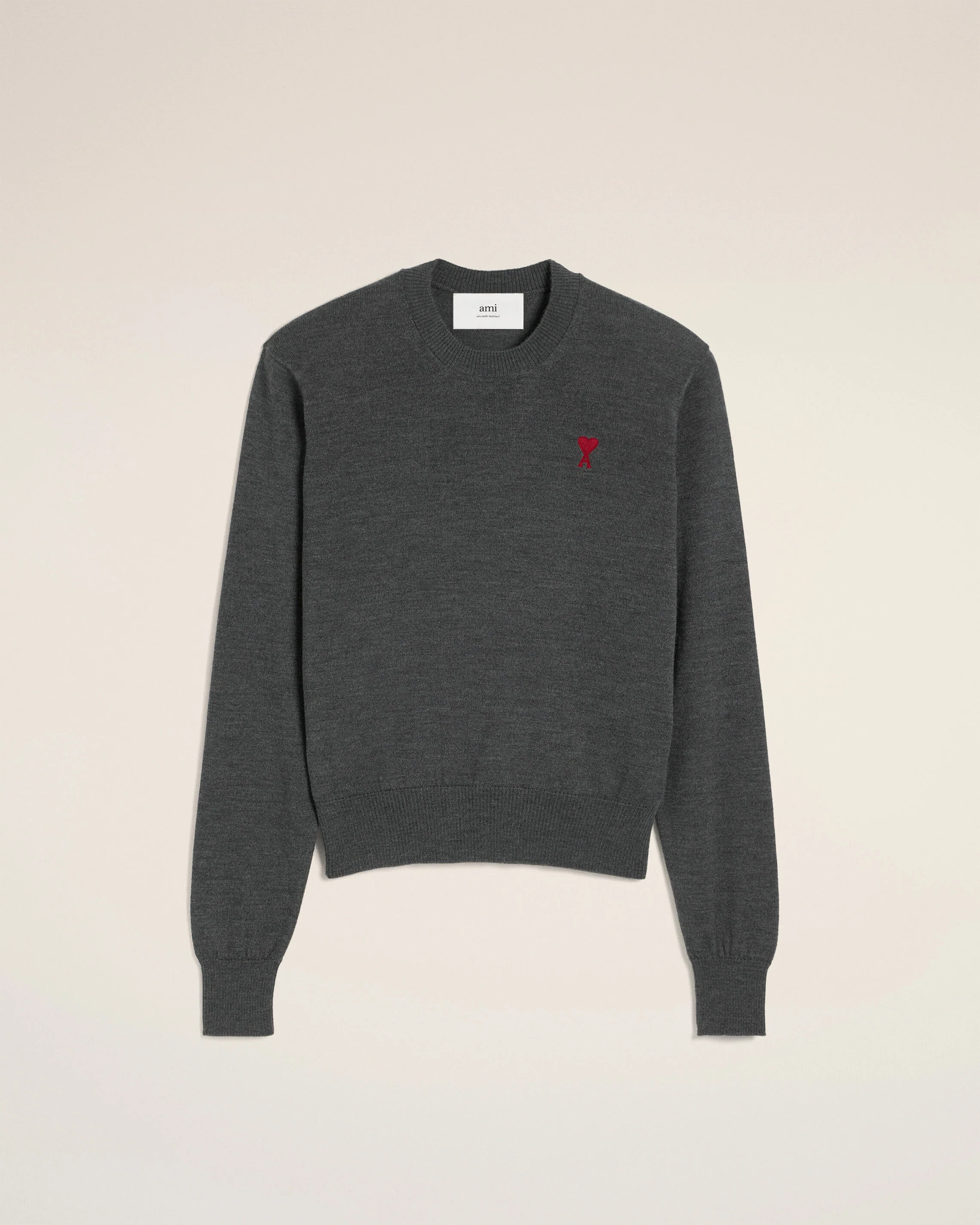 Heather Grey Red Ami De Coeur Crew Neck Sweater | AMI PARIS | AMI Paris FR