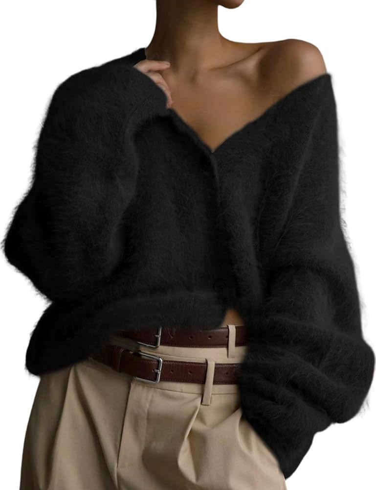 Yimoon Womens Fuzzy Cardigan Sweater V Neck Long Sleeve Button Down Slouchy Furry Knit Sweaters 2... | Amazon (US)