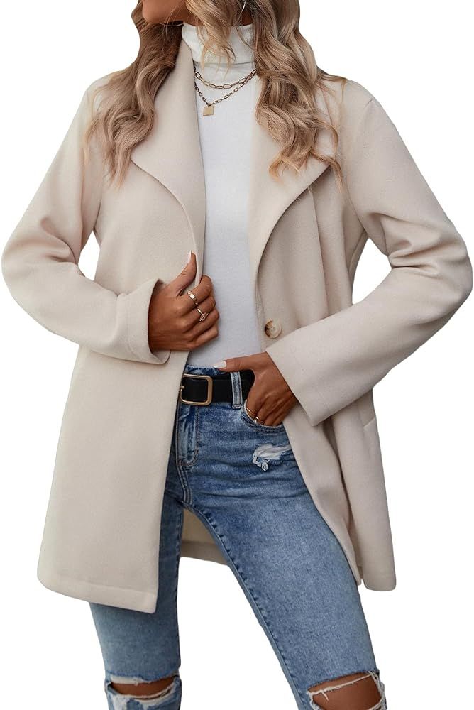 MakeMeChic Women's Casual Lapel Collar Long Sleeve Single Button Slant Pocket Thigh Length Jacket... | Amazon (US)