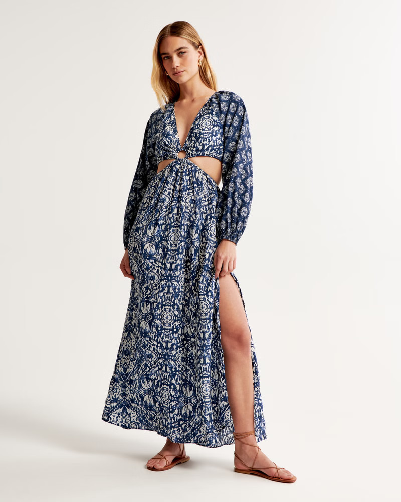 Long-Sleeve Plunge Cutout Maxi Dress | Abercrombie & Fitch (US)