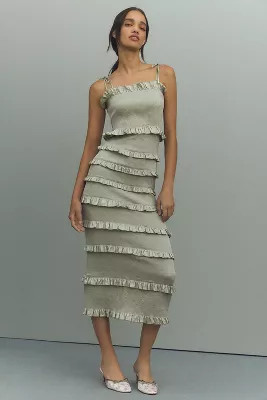 V. Chapman Lily Ruched & Ruffled Stretch Satin Midi Dress | Anthropologie (US)