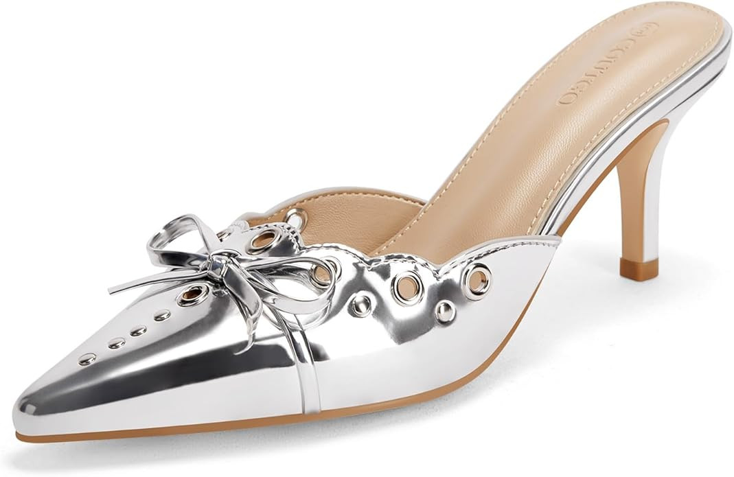 Coutgo Women's Bow Tie Mule Heels Pointed Toe Studded Backless Stilettos Slip On Dress Pump Shoes | Amazon (US)