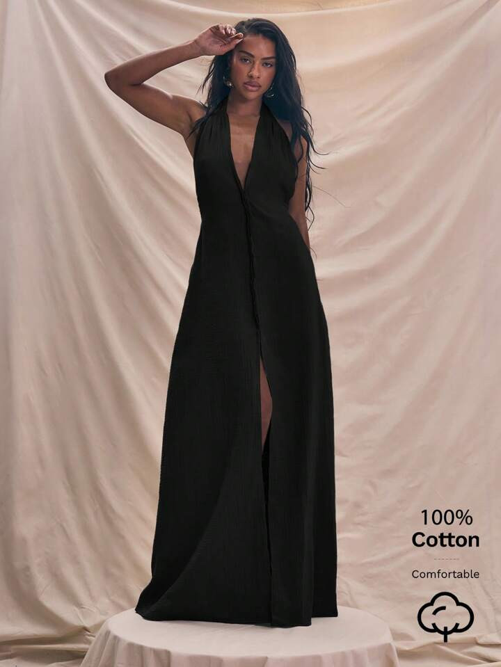 MUSERA Halterneck Plunge Centre Seam Detail Extreme Scoop Back Maxi Dress Spring Summer Sundress | SHEIN