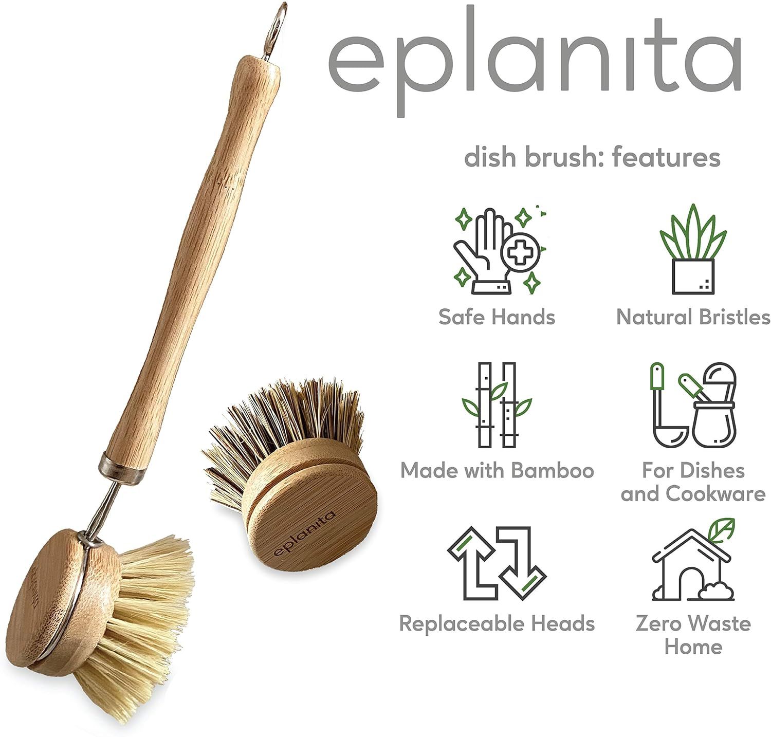 eplanita Natural Dish Brush, 3 Replacement Heads, Kitchen Eco Bamboo Scrubber Brushes, Extra Plan... | Amazon (US)