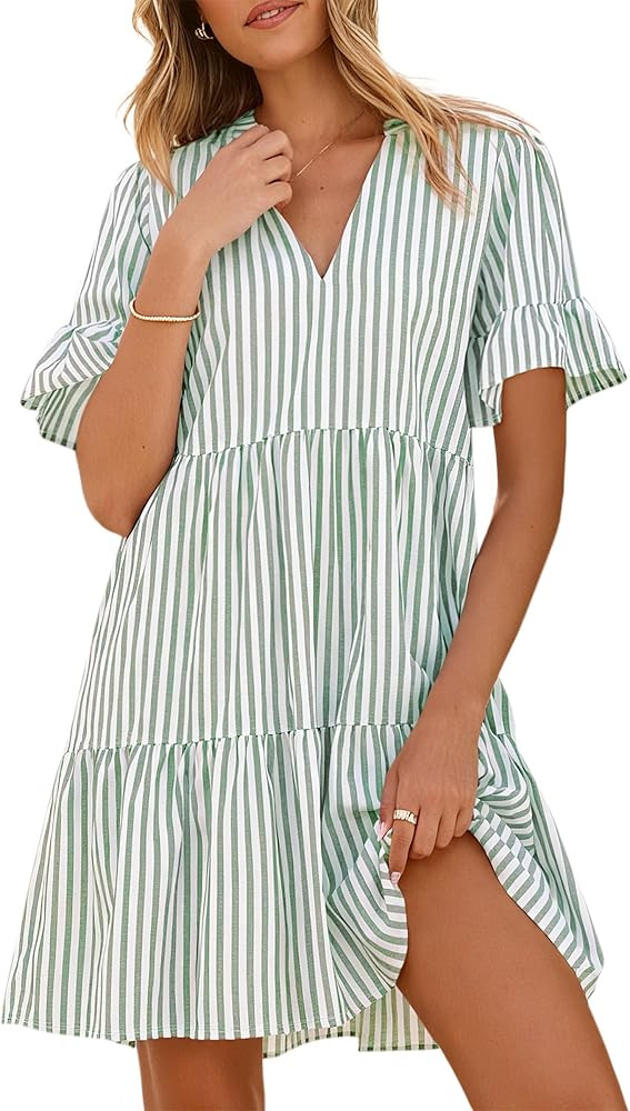 Caracilia Dresses for Women Summer 2026 Striped V Neck Ruffle Sleeve A Line Tiered Flowy Casual M... | Amazon (US)