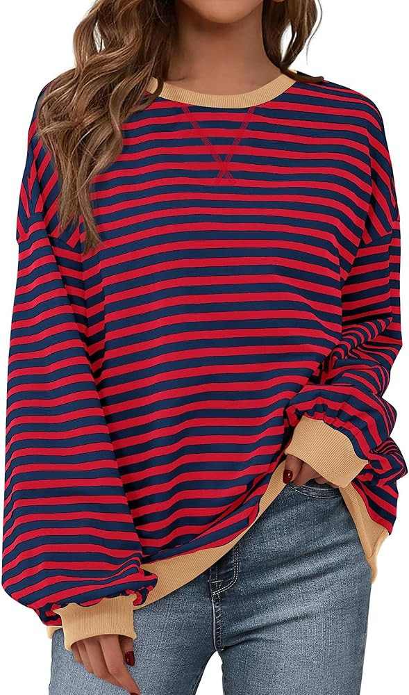 BTFBM Women's Striped Pullover Tops 2024 Fall Clothes Long Lantern Sleeve Soft Loose Crew Neck Y2... | Amazon (US)