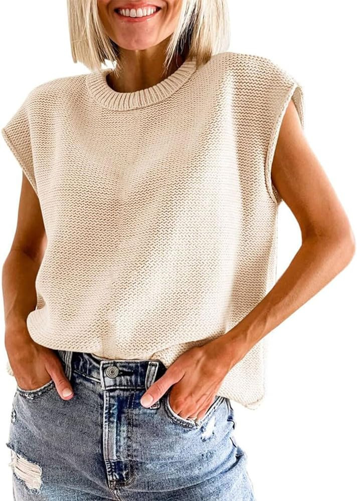 Womens Summer Sweater Vest Cap Sleeve Crew Neck Casual Loose Fit Knit Lightweight Pullover Tank T... | Amazon (US)