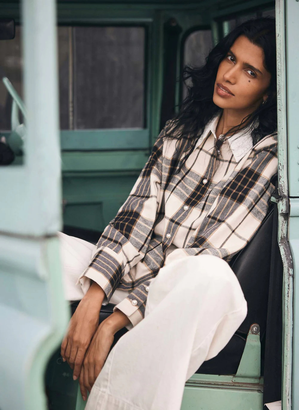 Neutral Checked Cotton Shirt | Mint Velvet