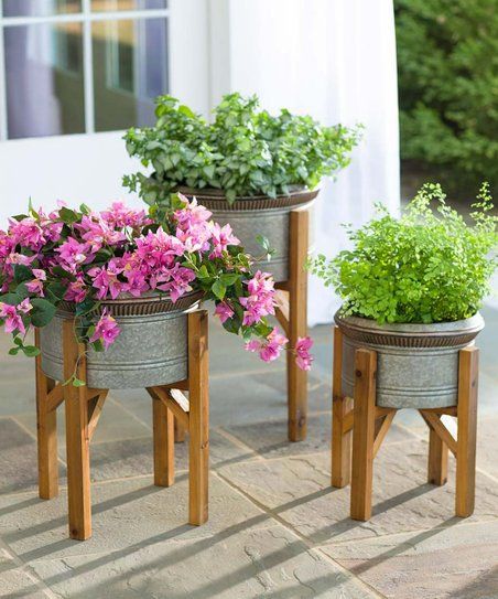 Corinthian Band Wooden Stand Galvanized Planter Set | Zulily