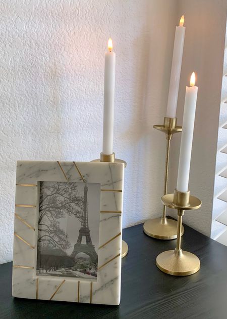 Gold taper candle holders, flameless taper candles, home decor, white marble frame

#LTKunder50 #LTKFind #LTKhome