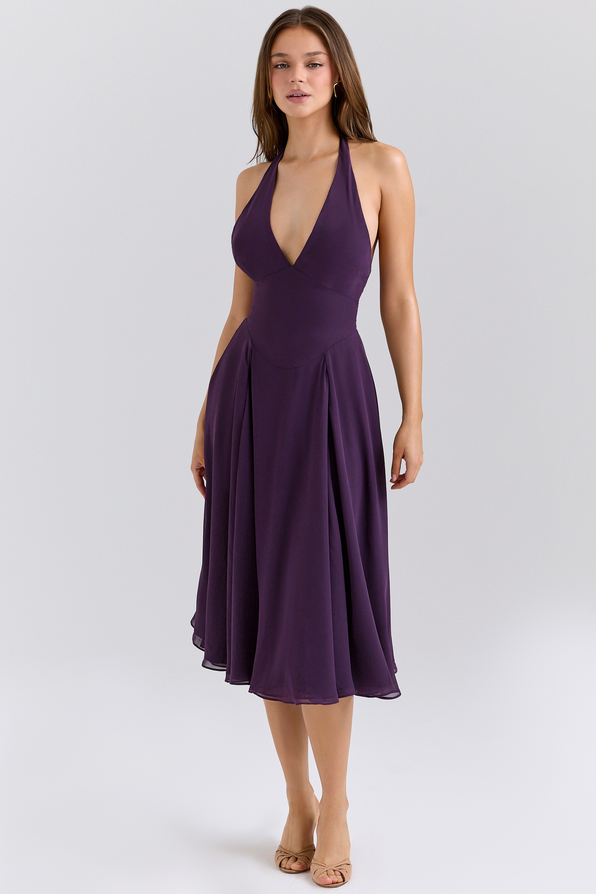 grape georgette halter sundress | House of CB