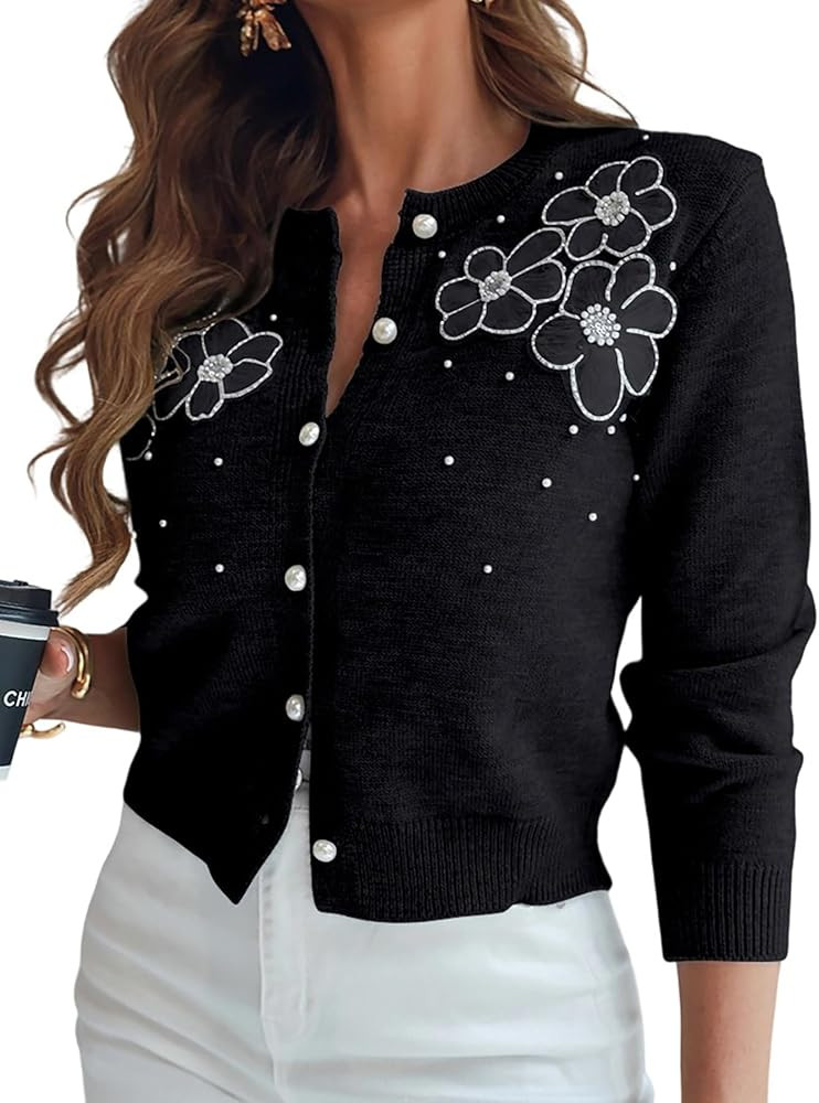 CHICME Womens Elegant 3D Pearl Embellished Floral Knit Cardigan Long Sleeve Round Neck Front Swea... | Amazon (US)