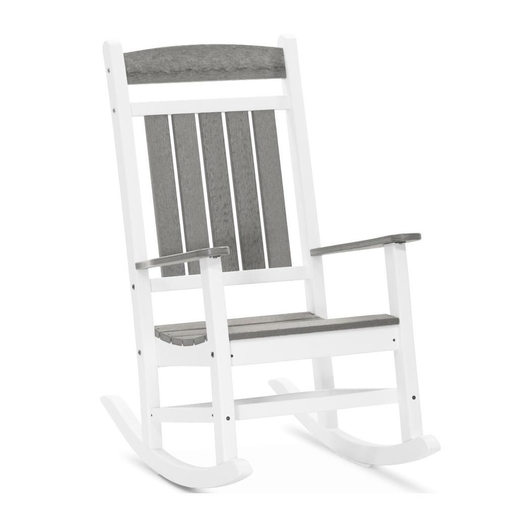 DUROGREEN Classic Rocker White and Driftwood Gray Plastic Outdoor Rocking Chair | The Home Depot