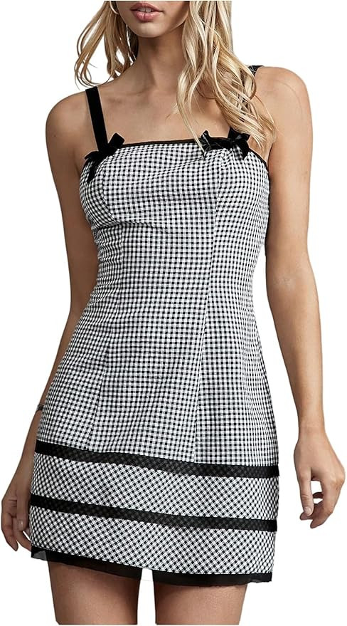 MakeMeChic Women's Bow Gingham Dress Summer Mini Dress Checkered Spaghetti Strap Dresses | Amazon (US)