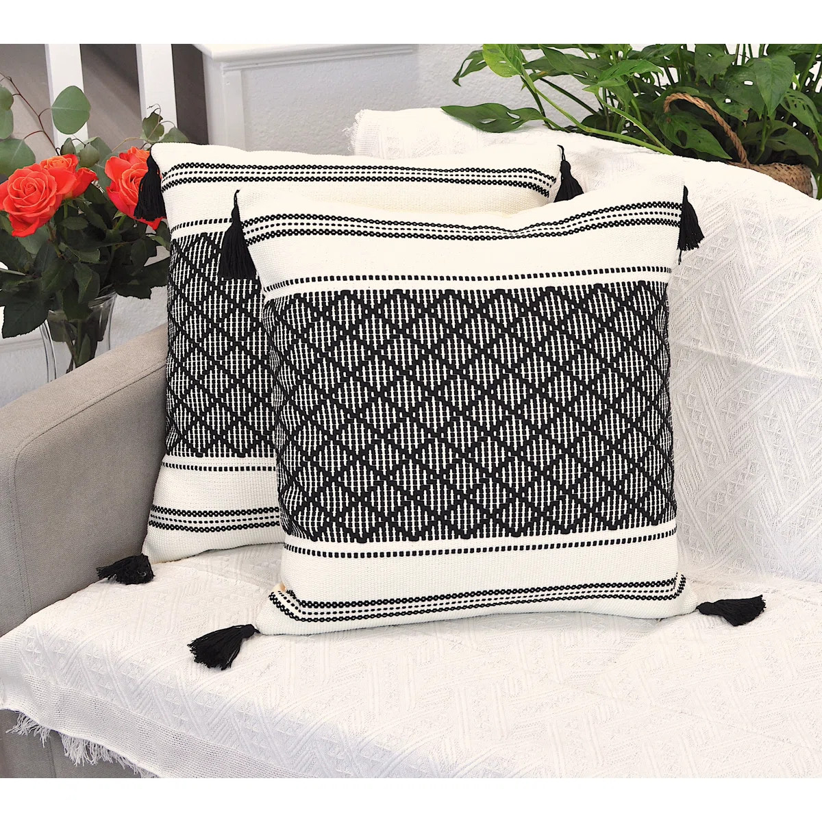 Woven Pillow Covers With Tassels, Geometric Pattern Pillowcases For Outdoor / Indoor (Set of 2) (... | Wayfair North America