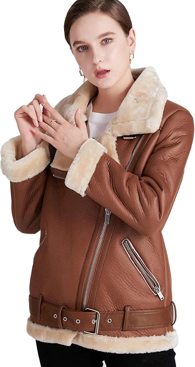 LY VAREY LIN Women's Faux Shearing Moto Jacket Thick Lined Parka Winter Shearling Coat Leather Ja... | Amazon (US)