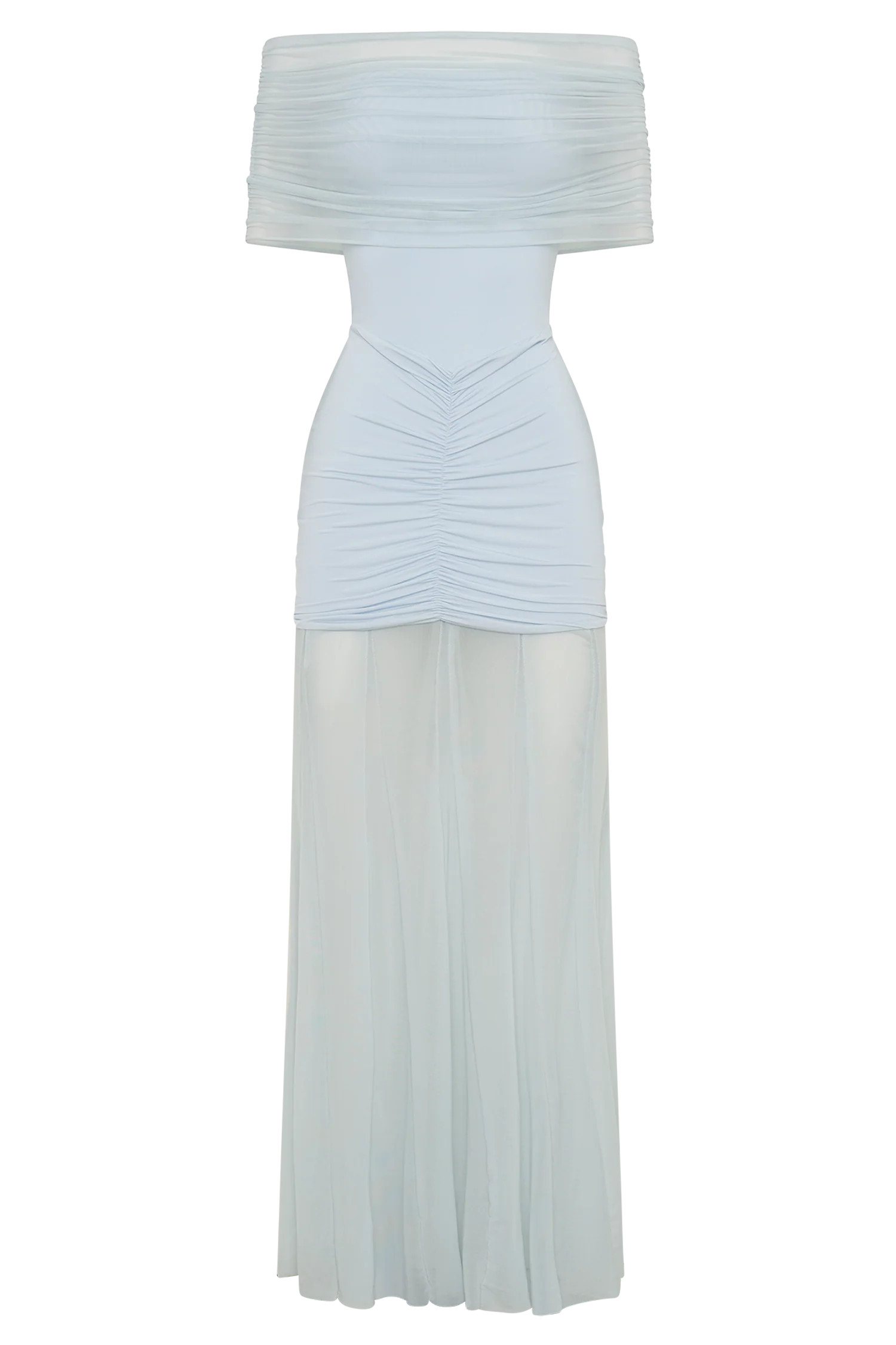 Caspian Slinky And Mesh Off Shoulder Maxi Dress - Pale Blue | Meshki (APAC)