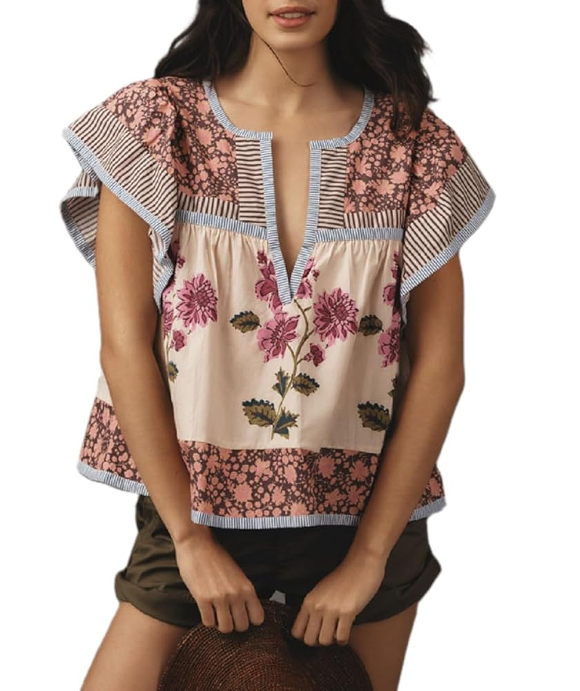 Women Ruffle Cap Sleeve Shirts Boho Floral Printed Blouse V Neck Patchwork Short Sleeve Peplum To... | Amazon (US)
