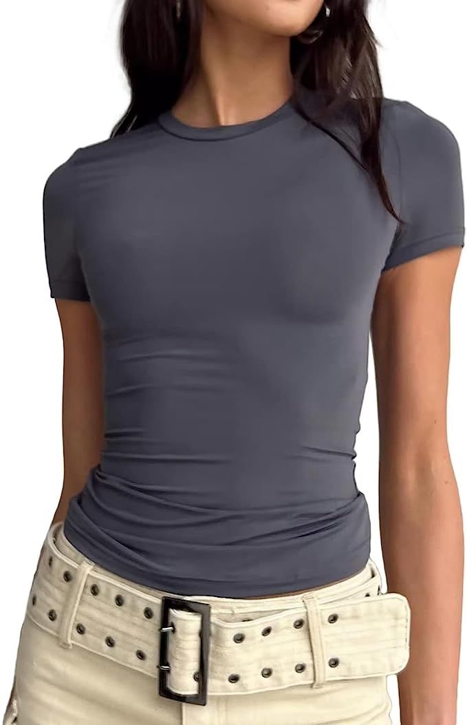 LEEDYA Women Skim Dupes Basic Solid Crop Tops Short Sleeve Round Neck Shirt Workout Slim Fit T-Sh... | Amazon (US)