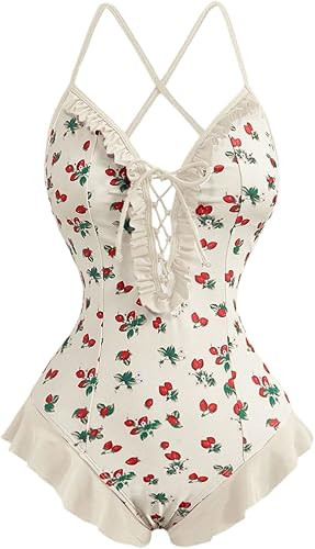 WDIRARA Women's One Piece Swimsuit Cute Print Lace Up Ruffle Swimwear Tummy Control Bathing Suit | Amazon (US)