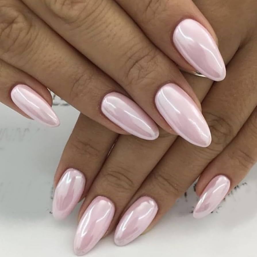Modelones Pearl Press on Nails Blush Medium Almond Pink Chrome Nails Glazed Donut Nails with Nail... | Amazon (US)