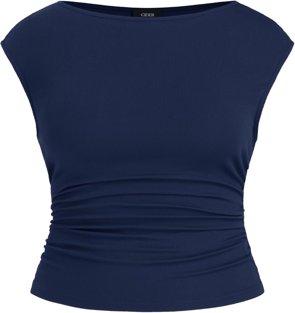 CIDER Tank Tops for Women Ruched Boat Neck Sleeveless Summer Going Out Plus Size Tops Slim Fit Curve | Amazon (US)
