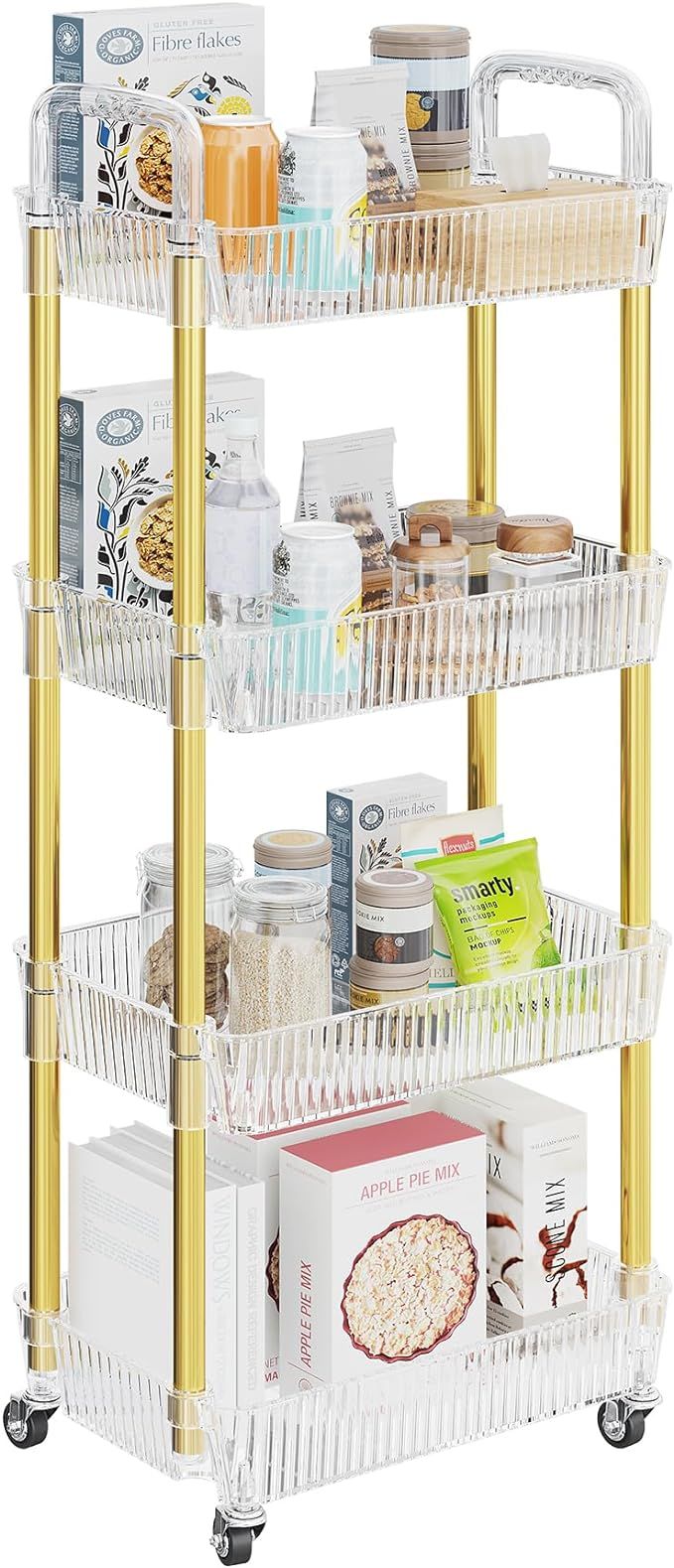 4 Tier Utility Cart with Handle, Mobile Rolling Storage Trolley with Wheels, Multifunctional Deta... | Amazon (US)