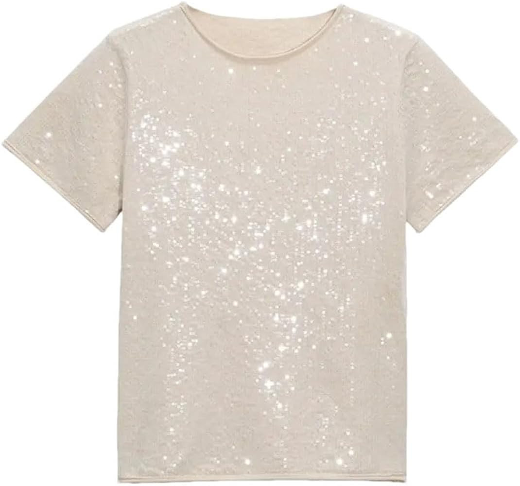 Women's Solid Color Sequin Knit Sweater O-Neck Short Sleeve Pullover Top | Amazon (US)