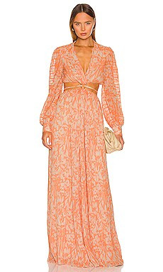 JONATHAN SIMKHAI Priya Deep V Gown in Melon Leafy Floral from Revolve.com | Revolve Clothing (Global)
