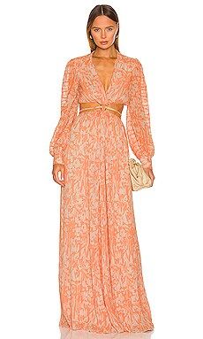 JONATHAN SIMKHAI Priya Deep V Gown in Melon Leafy Floral from Revolve.com | Revolve Clothing (Global)