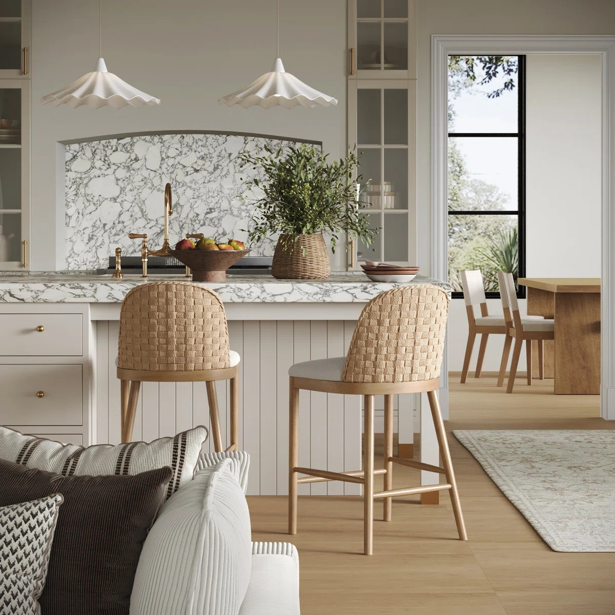 Boucle Counter Stool With Upholstered Seat And Woven Seagrass Backrest | Wayfair North America