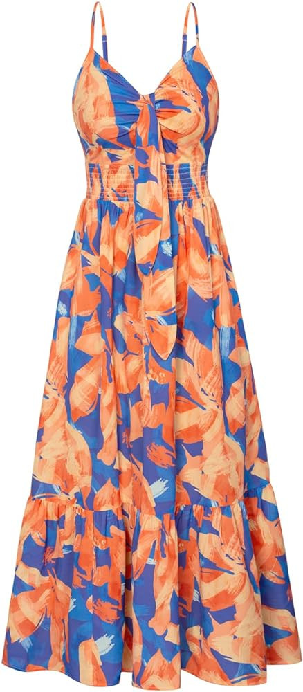 GRACE KARIN Women's 2024 Summer Beach Dress Floral V Neck Tie Front Spaghetti Strap Flowy Long Dr... | Amazon (US)