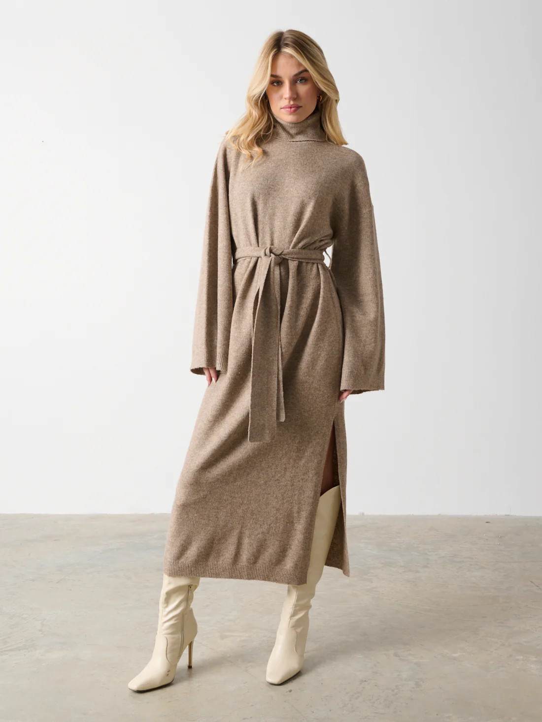 Jayda Knit Roll Neck Midaxi Dress - Taupe | Pretty Lavish (UK)