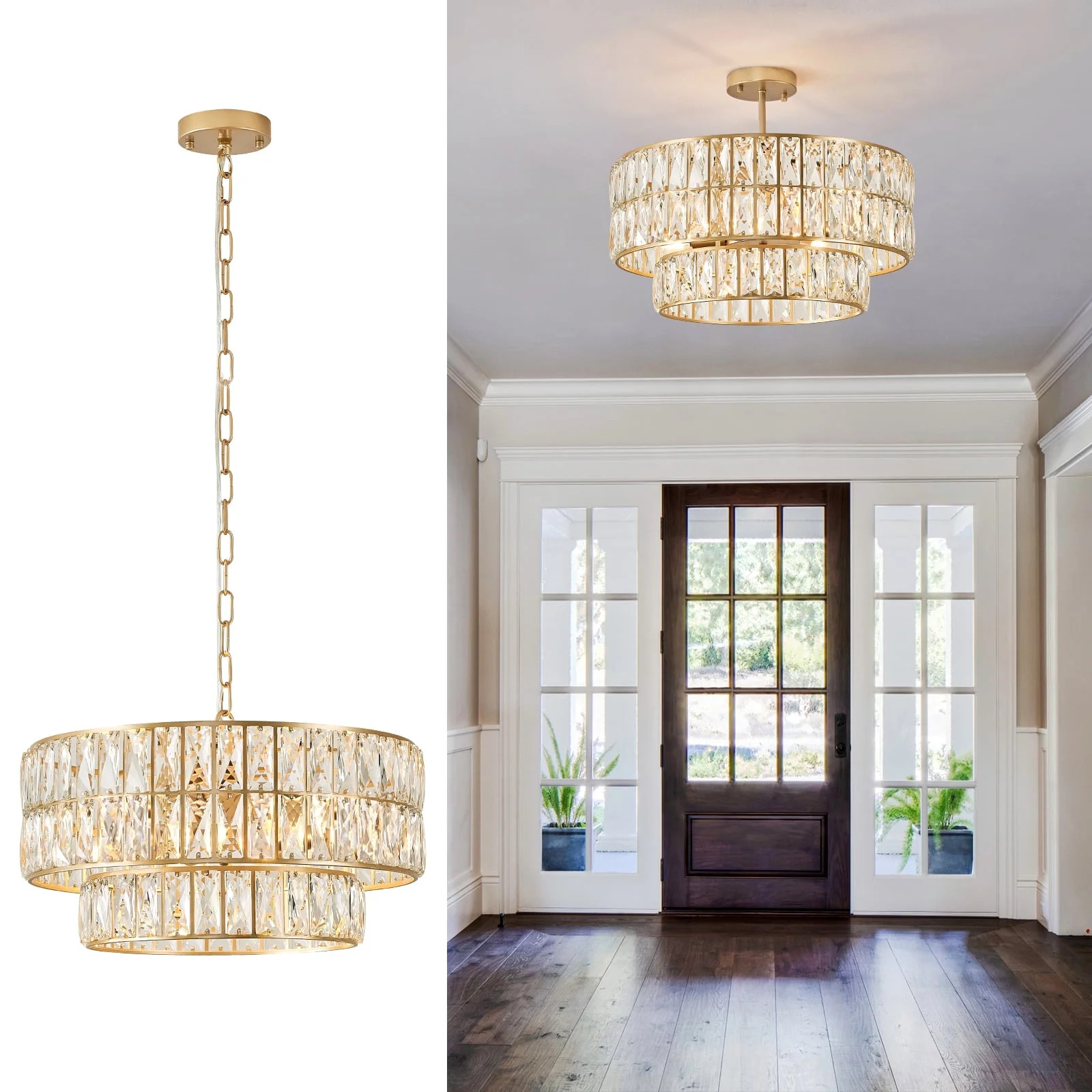 Gold 2-tier Crystal Chandelier 6-Lights Luxury Crystal Pendant Chandelier 20'' Drum Semi Flush Mo... | Walmart (US)