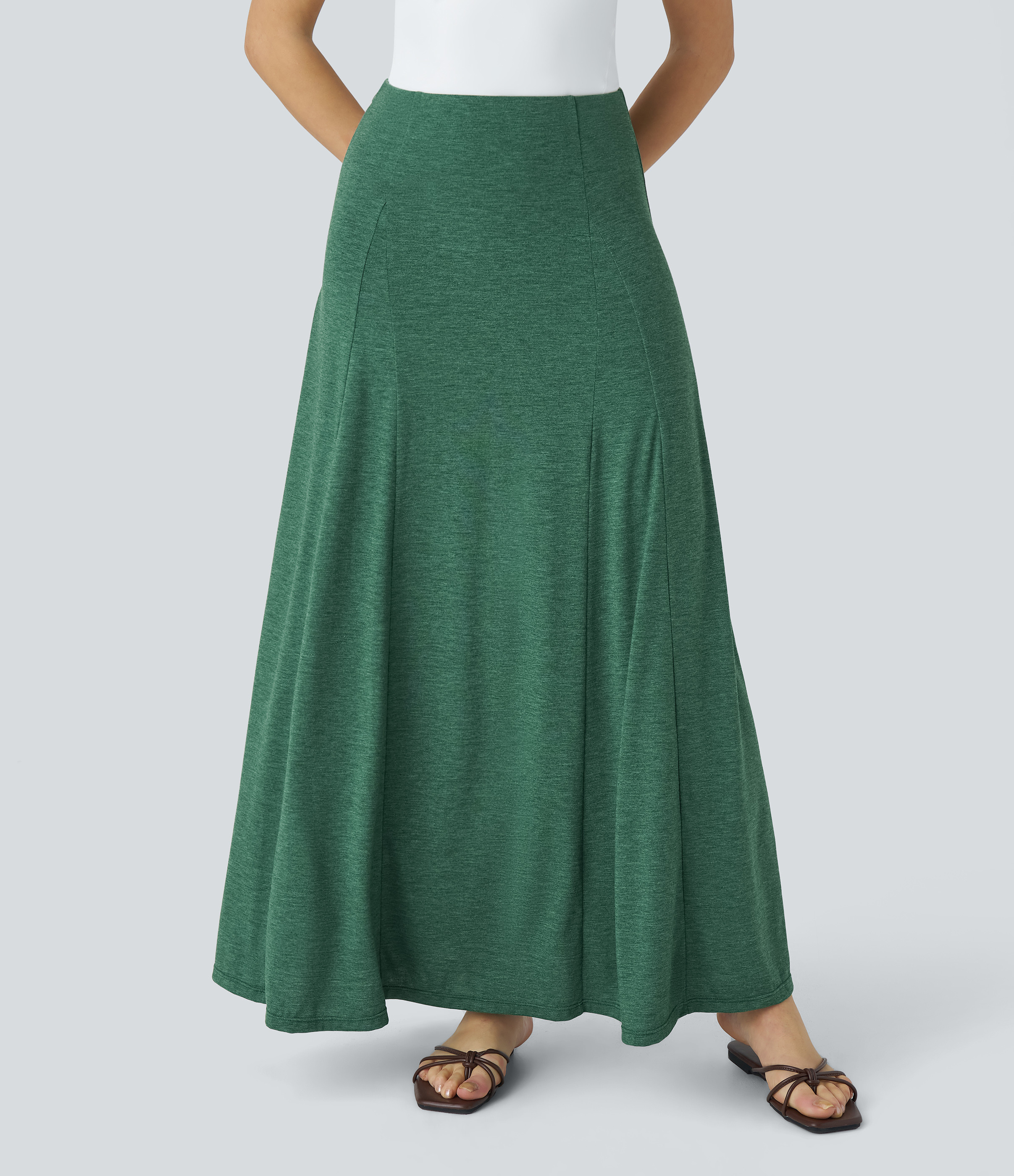 Halara High Waisted Side Zipper Maxi Casual Flare Skirt - Dark Green Floral Yarn - XS(regular) | HALARA