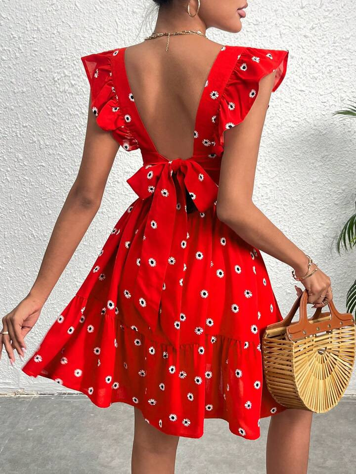 SHEIN WYWH Floral Print Tie Backless Ruffle Trim Dress | SHEIN