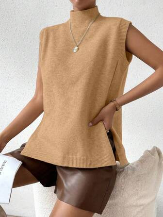 SHEIN Essnce Solid Color Sleeveless Stand Collar Minimalist Split Knit Vest, Casual Daily Wear | ... | SHEIN