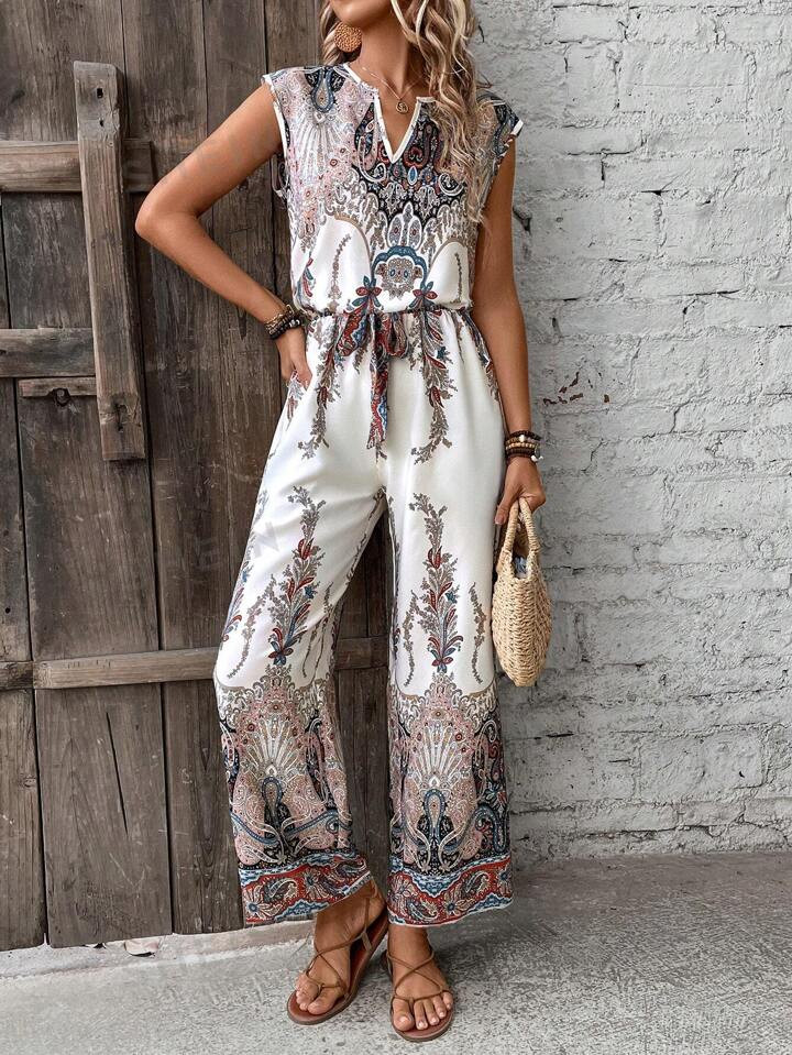 SHEIN VCAY Women's Notched Neckline Vest And Trousers Vacation Style Two Piece Set | SHEIN USA | SHEIN