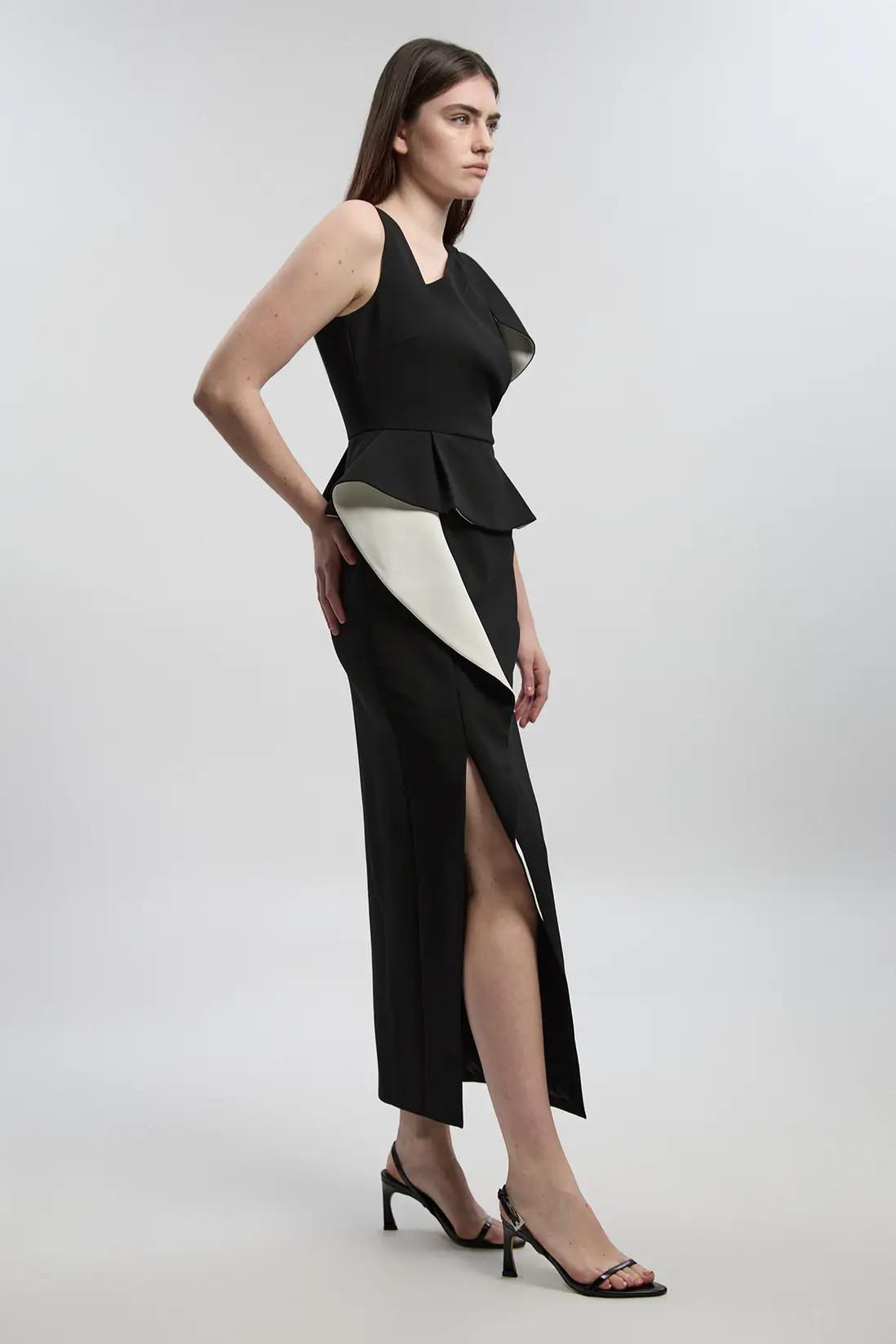 Compact Stretch Ruffle Peplum Belted Pencil Midi Dress | Karen Millen