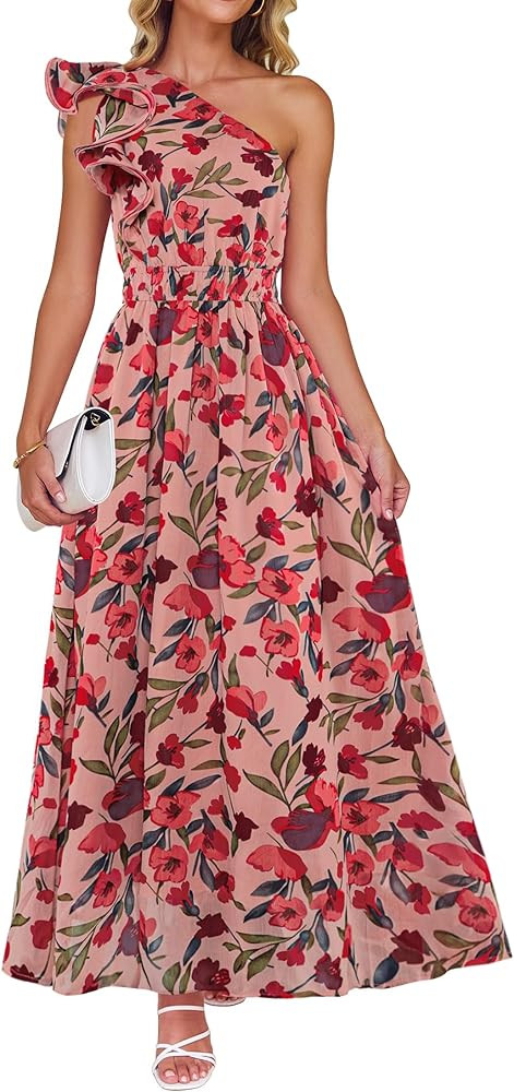 ZESICA Women's 2025 Boho Floral Sleeveless Maxi Dress Ruffle One Shoulder Elatsic High Waist Beac... | Amazon (US)