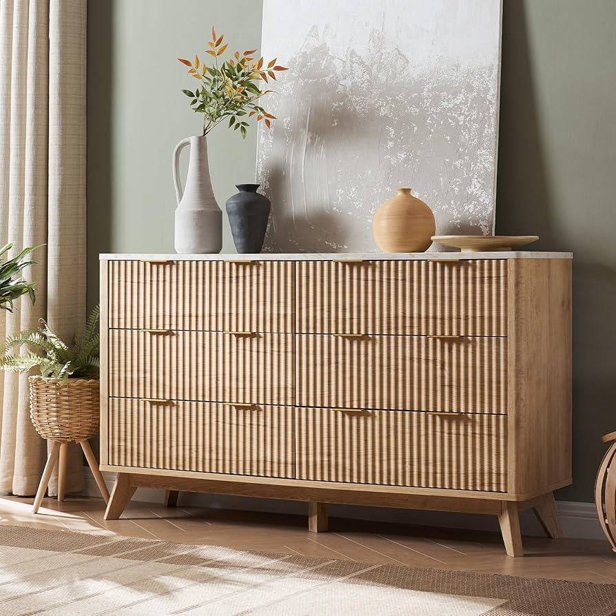 T4TREAM Fluted 6 Drawers Dresser, 54" Wide Modern Chest of Drawers with Faux Marble Top, Curved P... | Amazon (US)