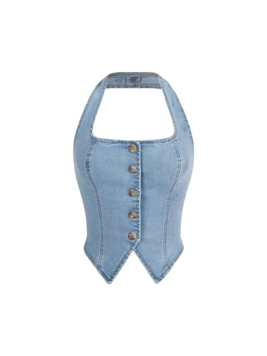Verdusa Women's Button Front Halter Neck Asymmetrical Denim Crop Top Jean Vest Light Wash X-Large | Amazon (US)