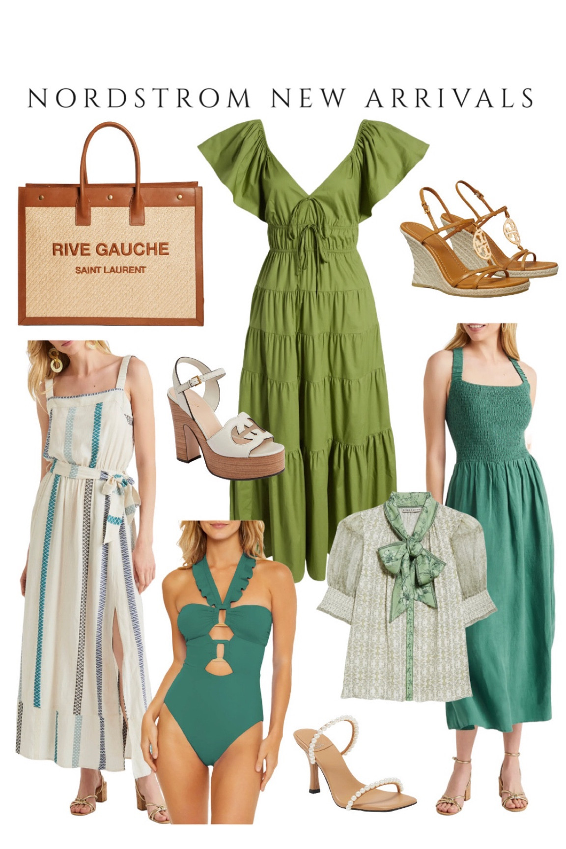 Nordstrom new arrivals! New saint Laurent summer tote, ysl bag, green dress, summer dresses , ruffle one piece, Gucci sandals Tory Burch shoes puff sleeve dress smocked dresses floral bow top 

#LTKstyletip #LTKunder50 #LTKsalealert