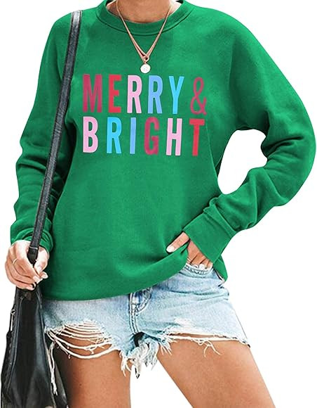 MOUSYA Christmas T-Shirt Women Merry Bright Colorful Letter Printed Sweatshirt Casual Long Sleeve... | Amazon (US)