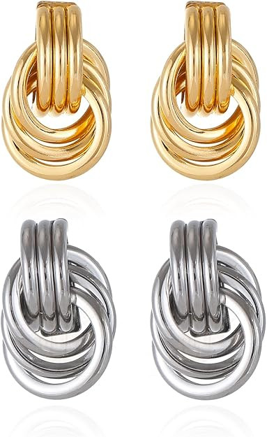 Gold/Silver Statement Geometric Earrings for Women Chunky Gold Knot Link Drop Dangle Earrings Tre... | Amazon (US)