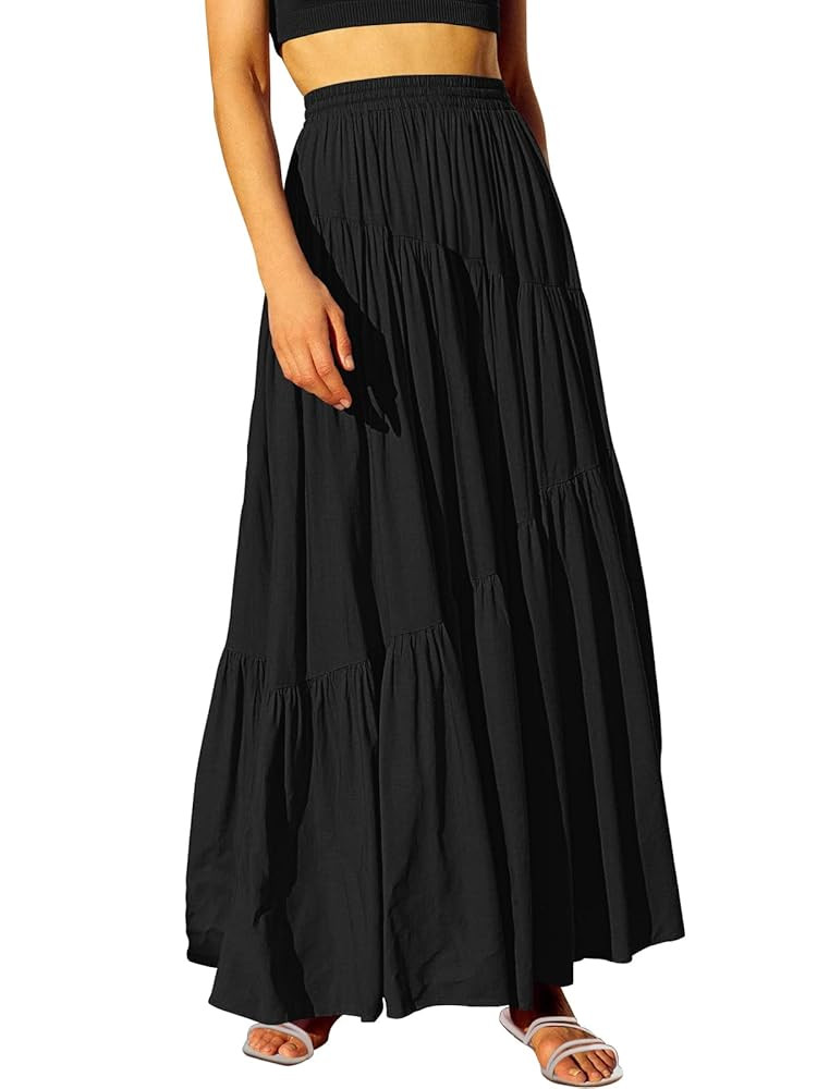 ANRABESS Women’s Boho Elastic High Waist Pleated A-Line Flowy Swing Asymmetric Tiered Maxi Long... | Amazon (US)