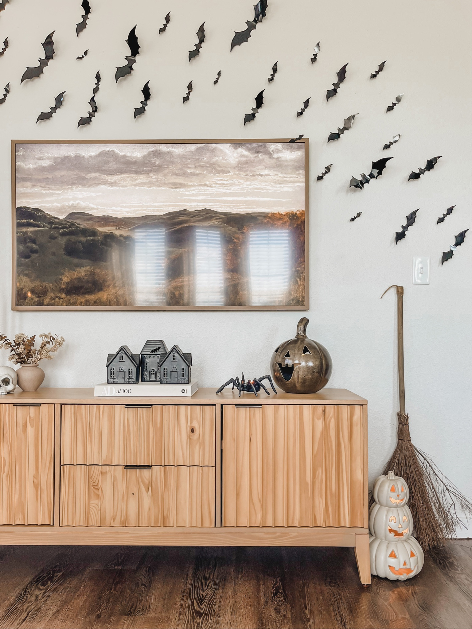 Tv stand decor, Halloween, fall decor, frame TV, wall bats, Target Halloween. 

#LTKHalloween #LTKSeasonal #LTKhome