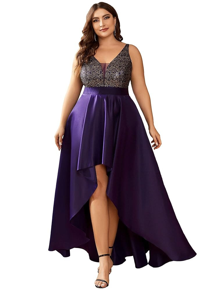 Ever-Pretty Women's Sleeveless Sequin V-Neck High-Low Satin A-line Summer Plus Size Wedding Guest... | Amazon (US)